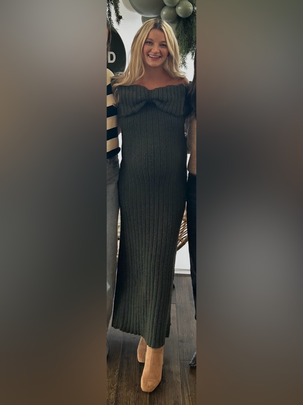Off-Shoulder Olive Ribbed Knit Maxi Dress Bump-Friendly